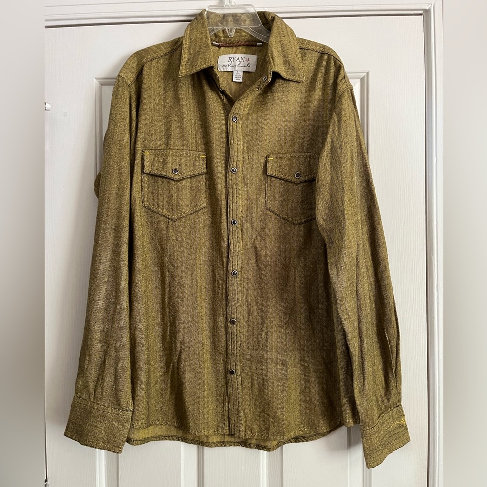 NWOT $228 Ryan Michael yellow black flannel snap front shirt L